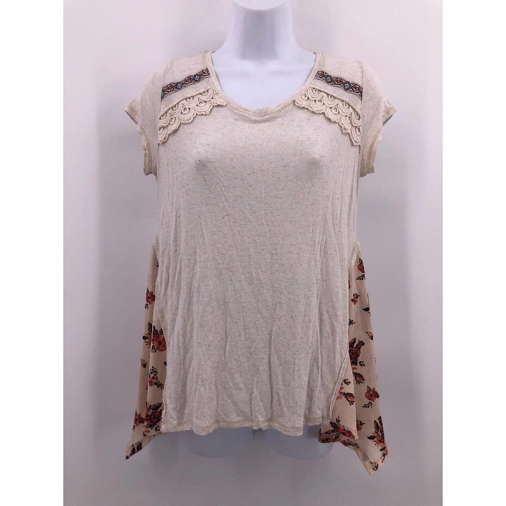 Xhilaration Sz S Heathered Cream Cap Sleeve Blouse with Floral Fly Away Sides